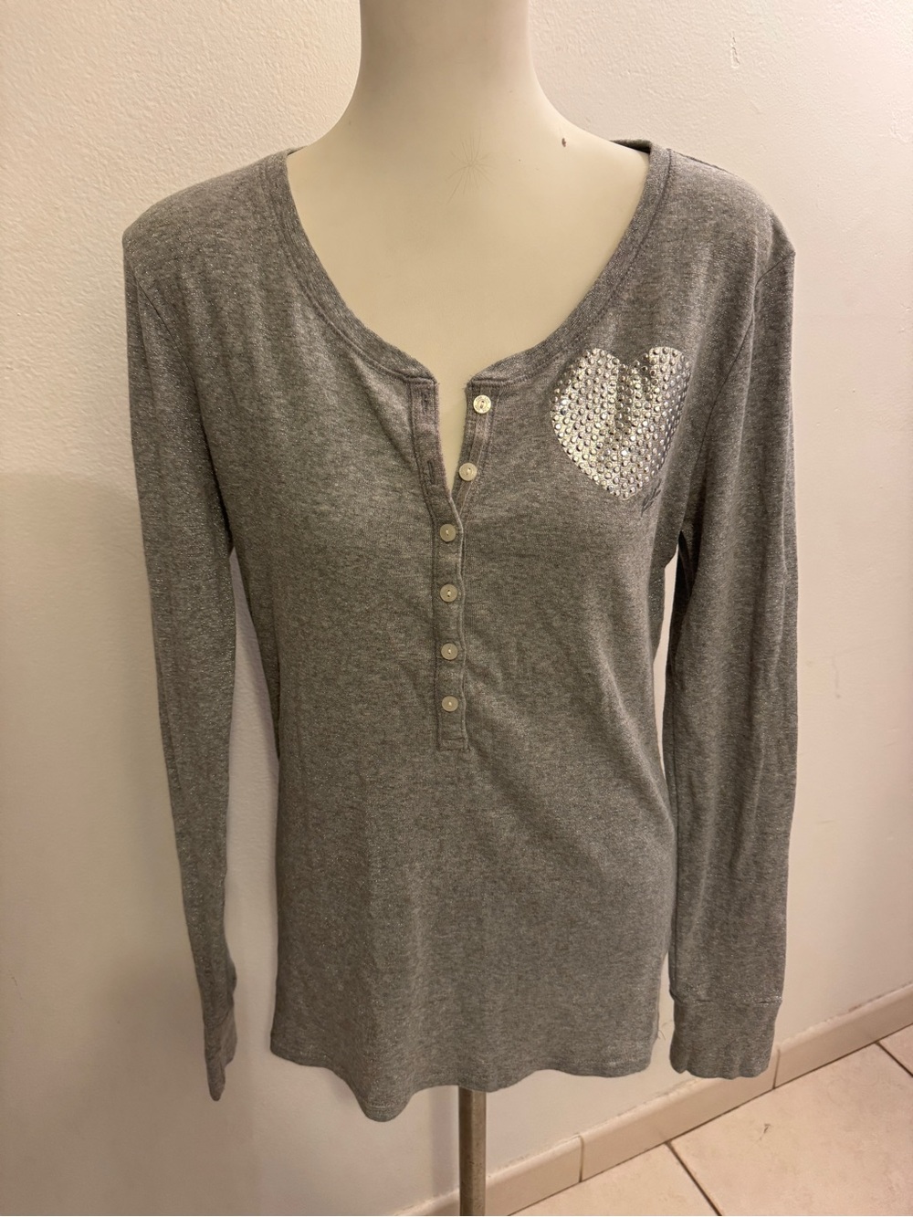PINK Victoria's Secret Gray Long-Sleeve Henley with Sequin Heart